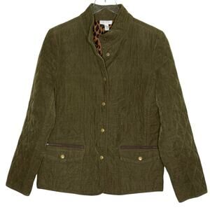 Charter Club L Womens Corduroy Jacket Snap Closure Olive Green Cheetah Lined